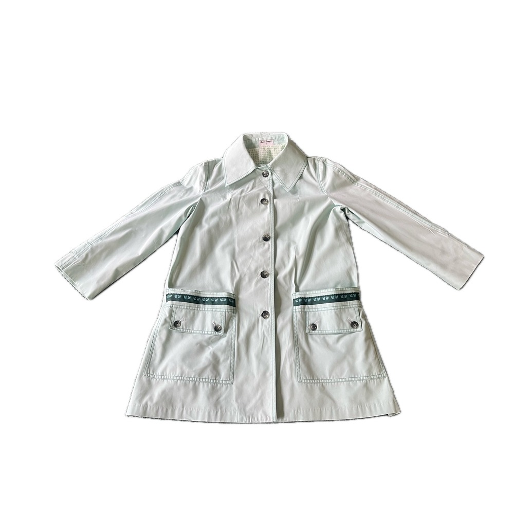 Vintage 70s Mint Green Gingham Lined Raincoat Jacket Sz 12 Ribbon Trim A-Line